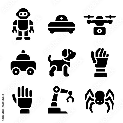 Robotic Gadget Icons. Solid, filled icon set of robotic gadgets: humanoid assistant, cleaning bot, flying bot, delivery rover,