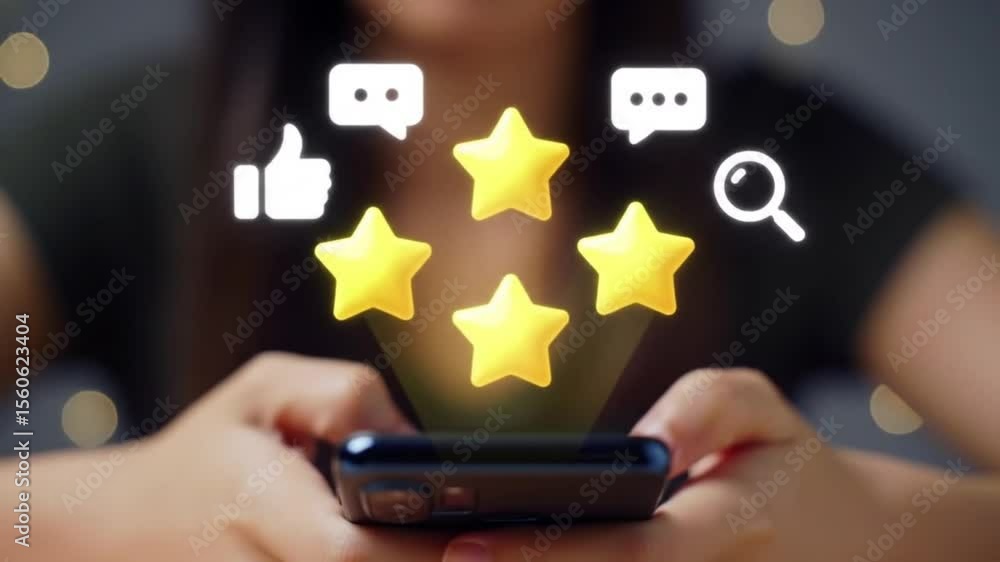 Smartphone User Rating with Glowing Star Icons Feedback Symbols, Excellent Customer Experience Concept Smartphone User Rating with Glowing Star Icons Feedback Symbols, Excellent Customer Experience Concept