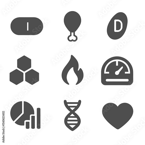 Roe Nutrition Icons. Flat icon set of roe nutritional elements: omega-3 capsule, protein icon, vitamin D pill, mineral cluster,