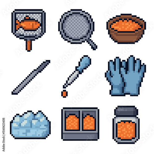 Roe Harvesting Tools Icons. Pixel art icon set of roe harvesting tools: fish scoop, fine mesh sieve, collection bowl, scalpel,