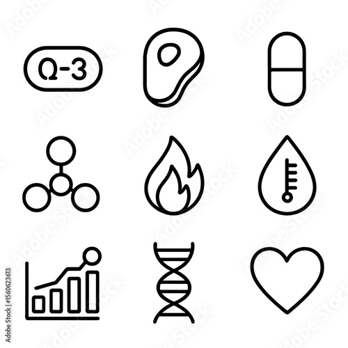 Roe Nutrition Icons. Outline icon set of roe nutritional elements: omega-3 capsule, protein icon, vitamin D pill, mineral cluster,