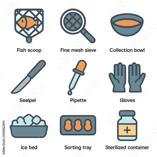 Roe Harvesting Tools Icons. Flat icon set of roe harvesting tools: fish scoop, fine mesh sieve, collection bowl, scalpel, pipette,