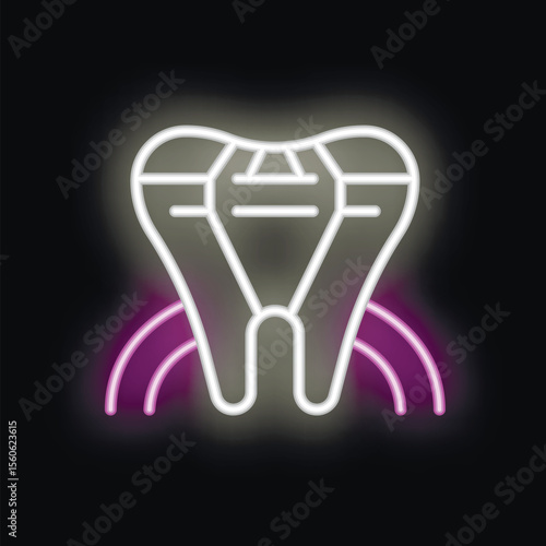 Neon icon of a tooth suffering from teeth sensitivity with braces, isolated on black background