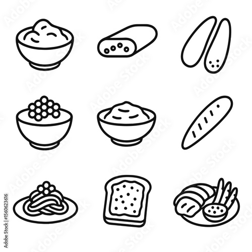 Roe Dish Icons. Outline icon set of regional roe dishes: taramosalata, bottarga slice, karasumi, ikra salad, tarama dip, karashi