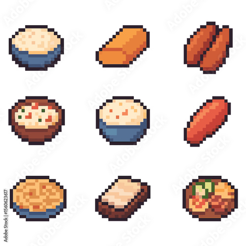 Roe Dish Icons. Pixel art icon set of regional roe dishes: taramosalata, bottarga slice, karasumi, ikra salad, tarama dip, karashi