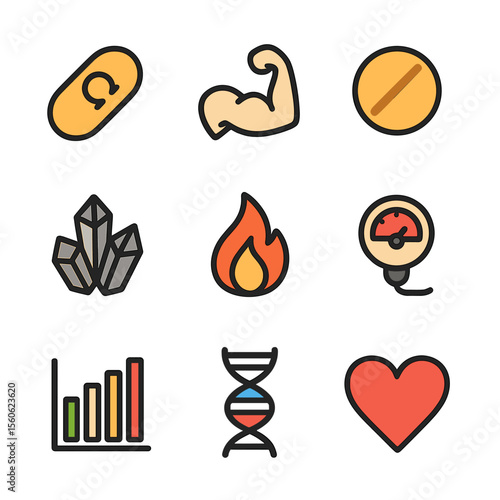 Roe Nutrition Icons. Flat icon set of roe nutritional elements: omega-3 capsule, protein icon, vitamin D pill, mineral cluster,