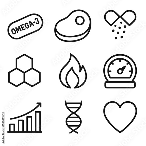 Roe Nutrition Icons. Outline icon set of roe nutritional elements: omega-3 capsule, protein icon, vitamin D pill, mineral cluster,