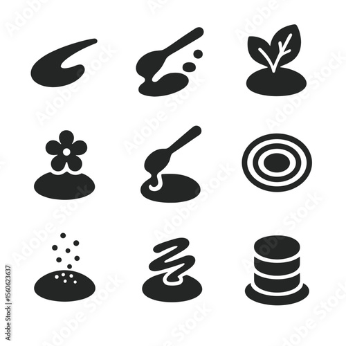 Roe Plating Icon Set. Solid, Filled icon set of roe plating techniques: swoosh sauce, dot smear, garnish leaf, edible flower,