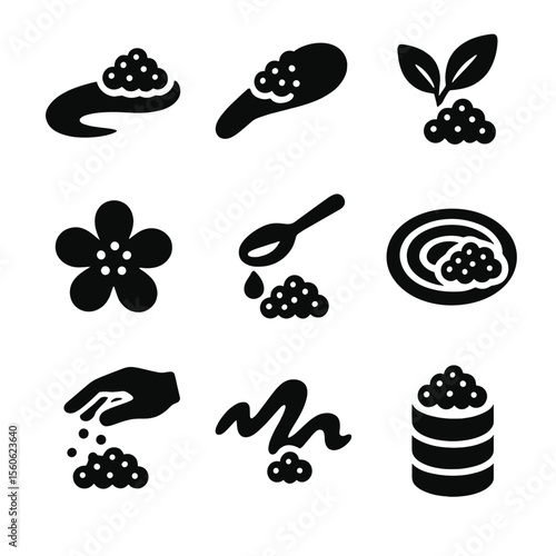 Roe Plating Icon Set. Solid, Filled icon set of roe plating techniques: swoosh sauce, dot smear, garnish leaf, edible flower,