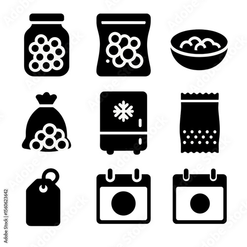 Roe Preservation Icons. Solid, Filled icon set of roe preservation methods: glass jar, vacuum pack, salted brine, curing salt sack