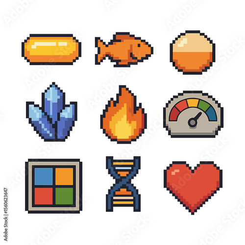 Roe Nutrition Icons. Pixel art icon set of roe nutritional elements: omega-3 capsule, protein icon, vitamin D pill, mineral