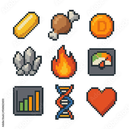 Roe Nutrition Icons. Pixel art icon set of roe nutritional elements: omega-3 capsule, protein icon, vitamin D pill, mineral