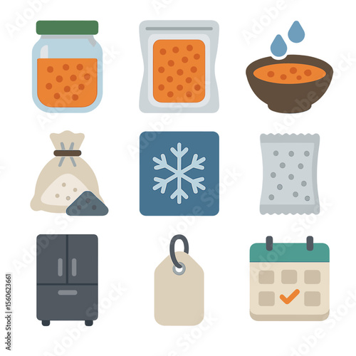 Roe Preservation Icons. Flat icon set of roe preservation methods: glass jar, vacuum pack, salted brine, curing salt sack, freezer