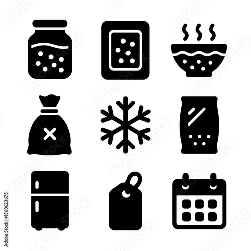 Roe Preservation Icons. Solid, Filled icon set of roe preservation methods: glass jar, vacuum pack, salted brine, curing salt sack