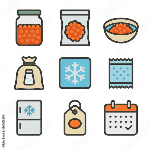 Roe Preservation Icons. Flat icon set of roe preservation methods: glass jar, vacuum pack, salted brine, curing salt sack, freezer