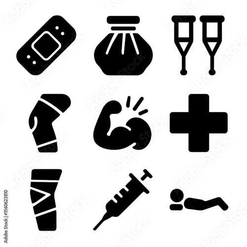 Running Injuries Icons. Solid, filled icon set of running injuries and care: bandage, ice pack, crutches, knee support, muscle