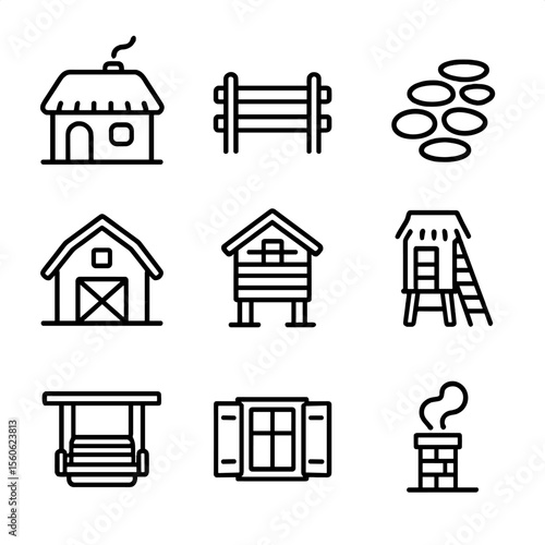 Rural Icon Set. Outline icon set of rural architecture: thatched cottage, wooden fence, stone path, barn, granary, hayloft ladder,