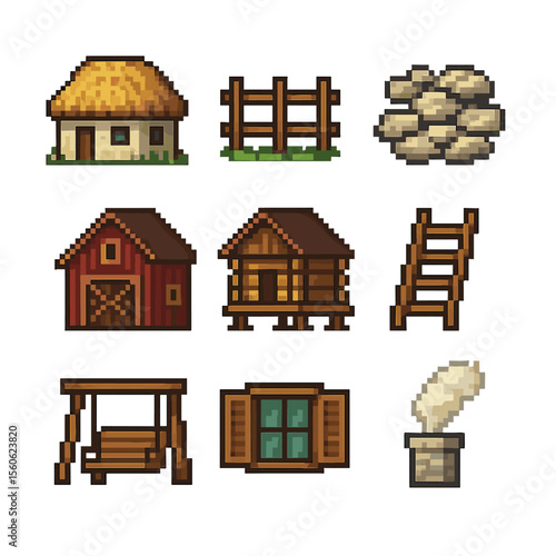 Rural Icon Set. Pixel art icon set of rural architecture: thatched cottage, wooden fence, stone path, barn, granary, hayloft