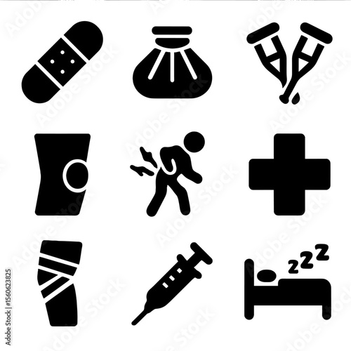 Running Injuries Icons. Solid, filled icon set of running injuries and care: bandage, ice pack, crutches, knee support, muscle