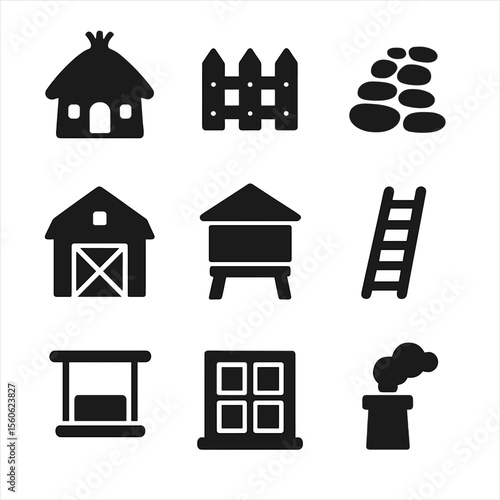 Rural Architecture Icons. Solid, Filled icon set of rural architecture: thatched cottage, wooden fence, stone path, barn, granary,