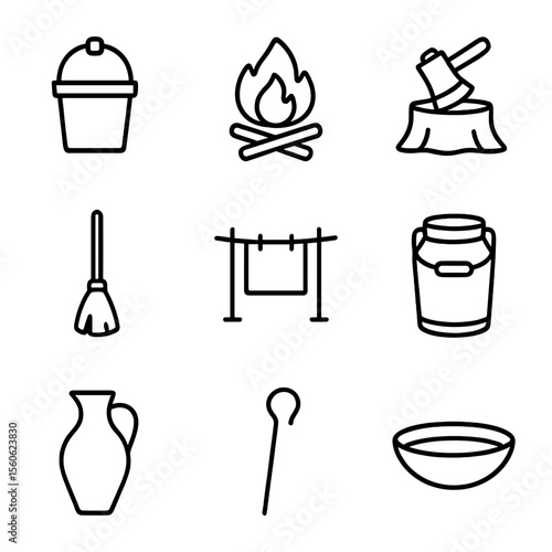 Rural Chores Icons. Outline icon set of daily rural chores: well bucket, hearth fire, wood chopping axe, broom, laundry line, milk