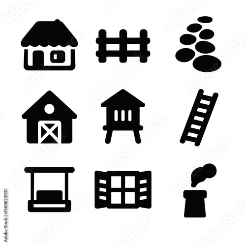 Rural Architecture Icons. Solid, Filled icon set of rural architecture: thatched cottage, wooden fence, stone path, barn, granary,