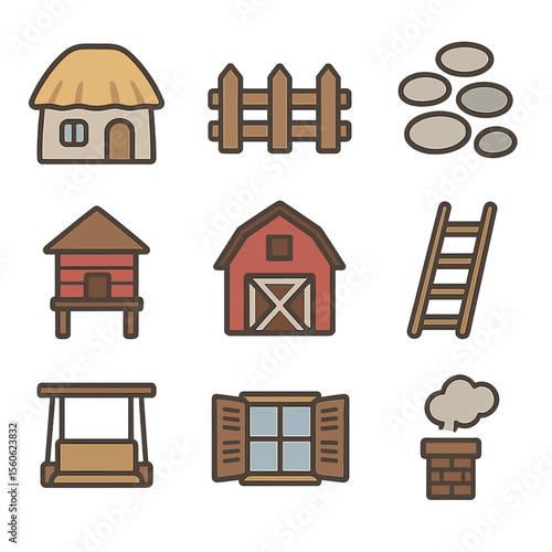 Rural Architecture Icons. Flat icon set of rural architecture: thatched cottage, wooden fence, stone path, barn, granary, hayloft