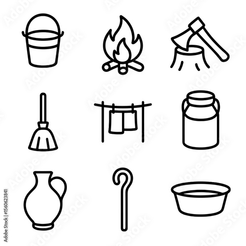 Rural Chores Icons. Outline icon set of daily rural chores: well bucket, hearth fire, wood chopping axe, broom, laundry line, milk