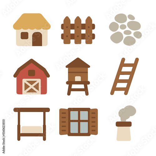 Rural Architecture Icons. Flat icon set of rural architecture: thatched cottage, wooden fence, stone path, barn, granary, hayloft