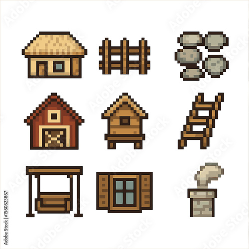 Rural Icon Set. Pixel art icon set of rural architecture: thatched cottage, wooden fence, stone path, barn, granary, hayloft