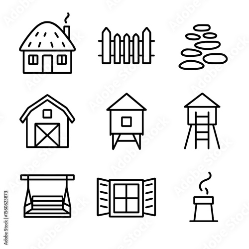 Rural Icon Set. Outline icon set of rural architecture: thatched cottage, wooden fence, stone path, barn, granary, hayloft ladder,