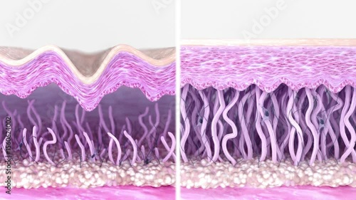 Skin layers cross-sectioned before and after anti-aging treatment. Fibroblast activation, collagen and elastin fiber regeneration, wrinkle reduction, and skin renewal 