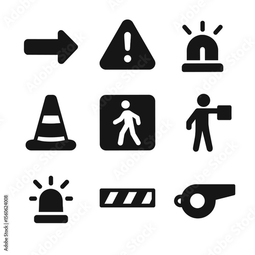 Safety Icon Set. Solid, Filled icon set of safety and signaling: traffic arrow, warning triangle, flashing beacon, reflective cone