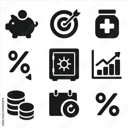 Savings Icons Grid. Solid, filled icon set of savings strategies: piggy bank, savings goal, emergency fund, interest rate, safe