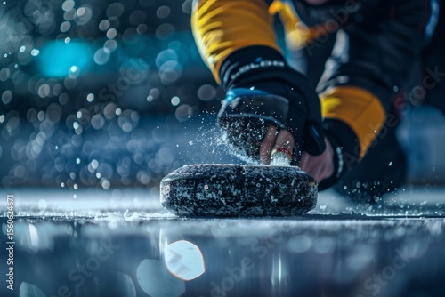 A curling athlete focuses intently as they push the stone, which glides across the ice in a graceful arc