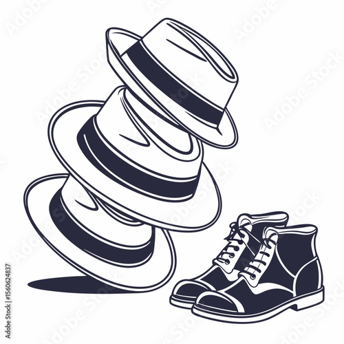 Stack of Fedora Hats and Lace Up Boots in a Vector Illustration