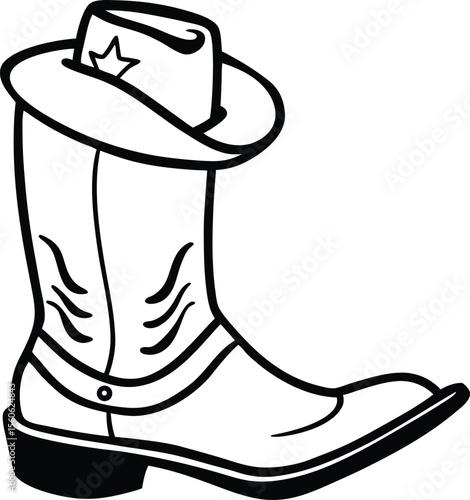 Simple black and white illustration of a cowboy hat and boot.