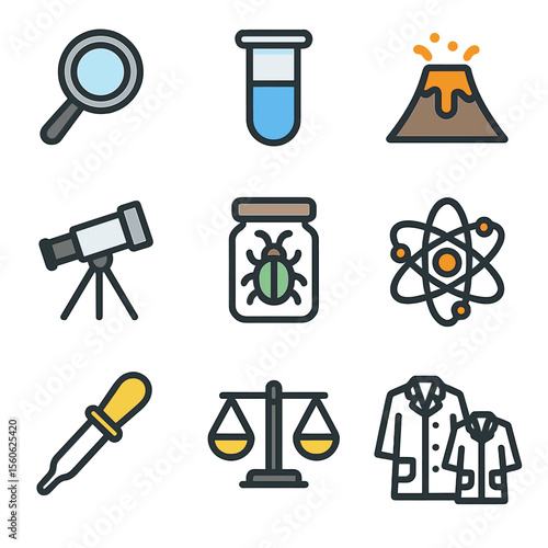 Science Exploration Icons. Flat icon set of science exploration: magnifying glass, test tube, volcano model, telescope, bug jar,