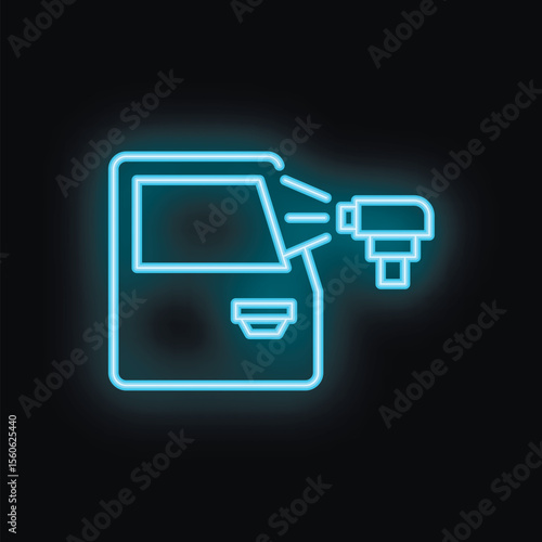 Blue neon icon of a spray gun painting a car door on black background