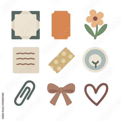 Scrapbook Icon Collection. Flat icon set of scrapbook memory pages: photo corner frame, ticket stub, pressed flower, handwritten