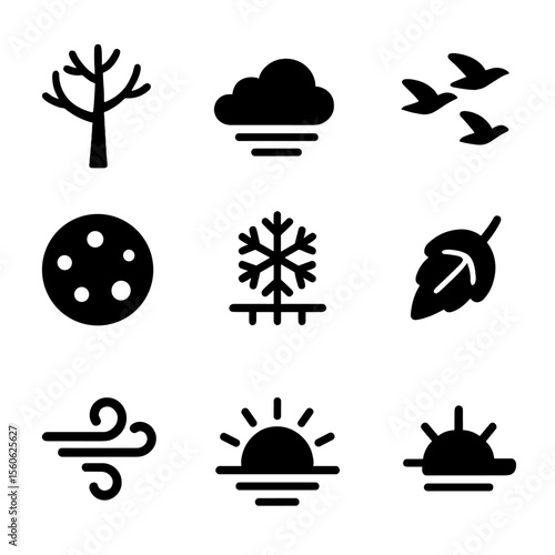 Seasonal Nature Icons. Solid, filled icon set of seasonal changes in nature: bare tree, fog cloud, migrating birds, harvest moon,