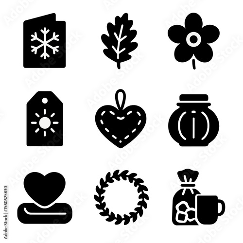Seasonal Handmade Gift Icons. Solid, filled icon set of seasonal handmade gifts: snowflake card, autumn leaf, spring flower,