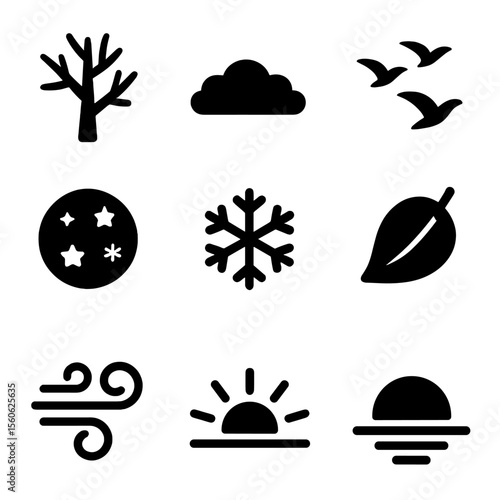 Seasonal Nature Icons. Solid, filled icon set of seasonal changes in nature: bare tree, fog cloud, migrating birds, harvest moon,