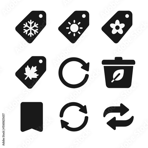 Seasonal Wardrobe Icons. Solid, filled icon set of wardrobe rotation labels: winter tag, summer tag, spring tag, fall tag, rotate