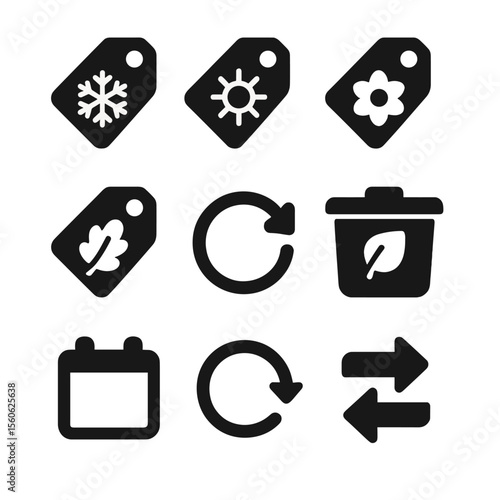Seasonal Wardrobe Icons. Solid, filled icon set of wardrobe rotation labels: winter tag, summer tag, spring tag, fall tag, rotate