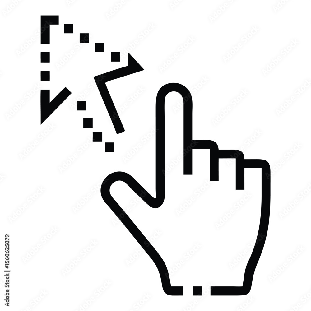 Obraz premium A digital illustration featuring a computer mouse cursor in the shape of an arrow, a human hand icon, and pixelated elements, all isolated on a white background. 