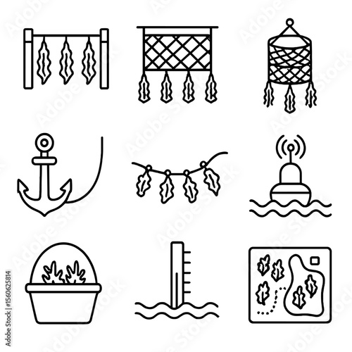 Seaweed Farming Icons. Outline icon set of seaweed farming methods: long-line raft, net panel, lantern net, raft anchor, seedling