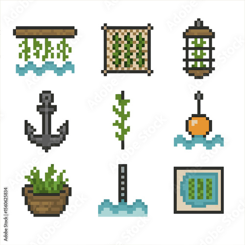 Seaweed Farming Icons. Pixel art icon set of seaweed farming methods: long-line raft, net panel, lantern net, raft anchor,