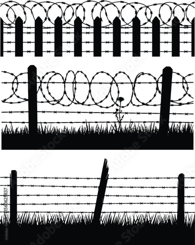 Barbed Wire Fence Silhouette Set, Sharp Security Border Vector Design.
