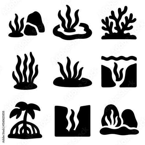 Seaweed Habitat Icons. Solid, Filled icon set of seaweed habitats: rocky shore, tide pool, coral reef, kelp forest, sandy bottom,